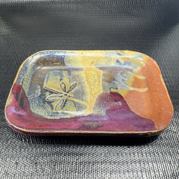 Vintage Hand Made Stoneware Pottery Dish Tray Artist Signed Embossed Butterfly - Picture 11 of 16